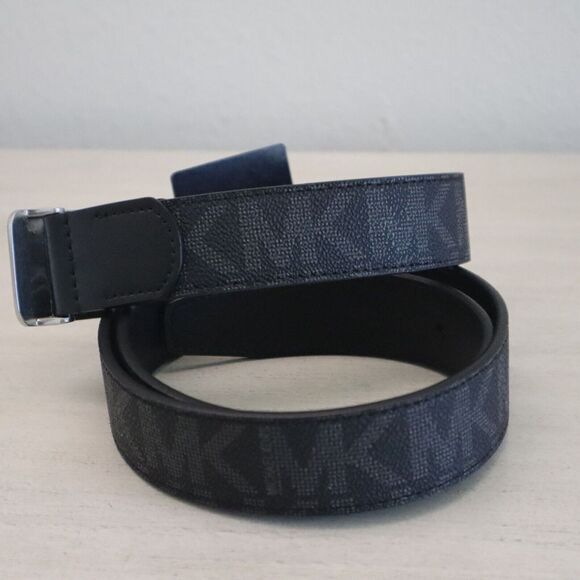 Michael Kors 86S3SBLY7B Men's Sz 36 Black MK Print - Silver MK Plaque Belt - Picture 6 of 9